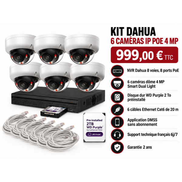 Kit Dahua 6 caméras IP PoE 4 MP + NVR 8 ports PoE + disque 2 To