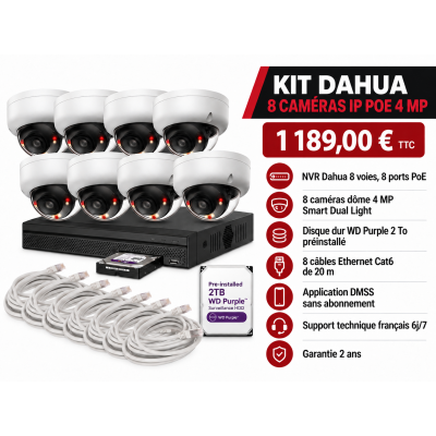 Kit Dahua 8 caméras IP PoE 4 MP + NVR 2 To | Acromedia