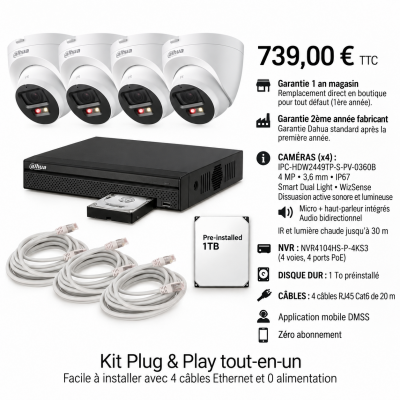 Kit Dahua 4 caméras IP 4 MP avec dissuasion active et haut-parleur