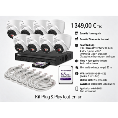 Kit Dahua 8 caméras IP 4 MP avec dissuasion active et haut-parleur