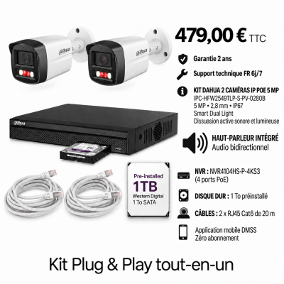 Kit Dahua 2 caméras tube IP PoE 5 MP IPC-HFW2549TLP-S-PV avec haut-parleur, NVR et disque 1 To