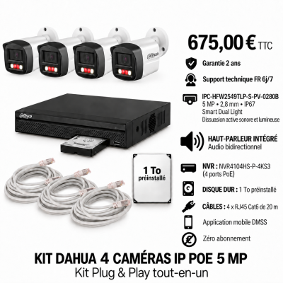 Kit Dahua 4 caméras tube IP PoE 5 MP IPC-HFW2549TLP-S-PV avec haut-parleur, NVR et disque 1 To