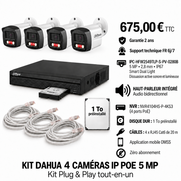 Kit Dahua 4 caméras tube IP 5 MP IPC-HFW2549TLP-S-PV + NVR PoE 1 To