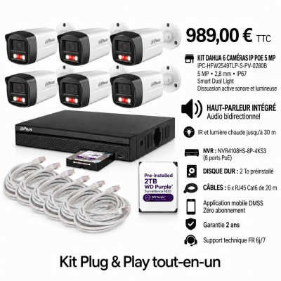 Kit Dahua 6 caméras tube IP PoE 5 MP IPC-HFW2549TLP-S-PV avec haut-parleur, NVR 8 ports PoE et disque 2 To