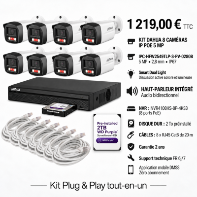Kit Dahua 8 caméras tube IP PoE 5 MP IPC-HFW2549TLP-S-PV avec haut-parleur, NVR 8 ports PoE et disque 2 To