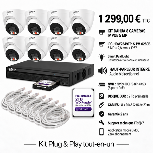 Kit Dahua 8 caméras dôme IP 5 MP IPC-HDW2549TP-S-PV-0280B + NVR PoE 2 To