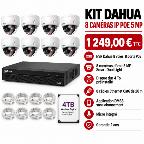 Kit Dahua 8 caméras dôme IP PoE 5MP HDBW2549EP – 4 To