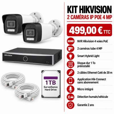 Kit Hikvision 2 caméras tube 4MP PoE | Acromedia