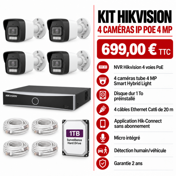 Kit Hikvision 4 caméras tube IP PoE 4MP Smart Hybrid Light