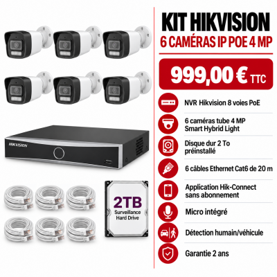 Kit Hikvision 6 caméras tube 4MP PoE | Acromedia