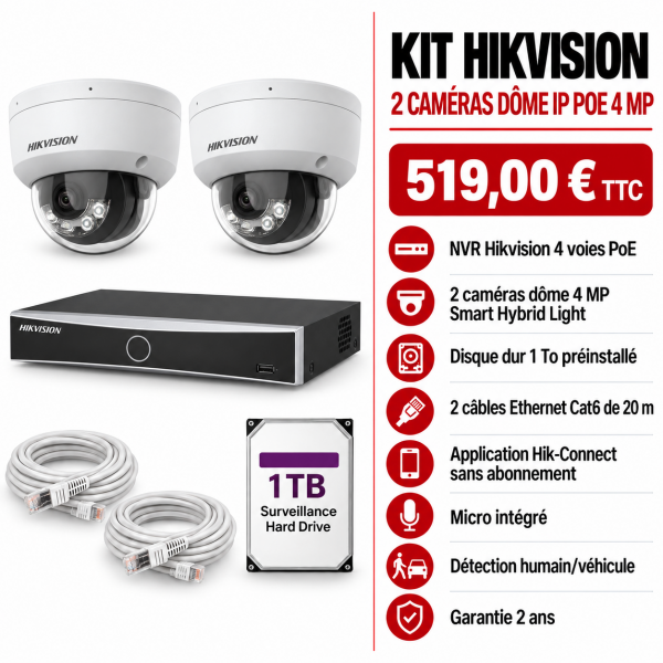 Kit Hikvision 2 caméras dôme IP PoE 4MP Smart Hybrid Light