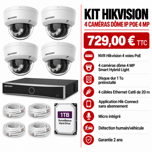 Kit Hikvision 4 caméras dôme IP PoE 4MP Smart Hybrid Light