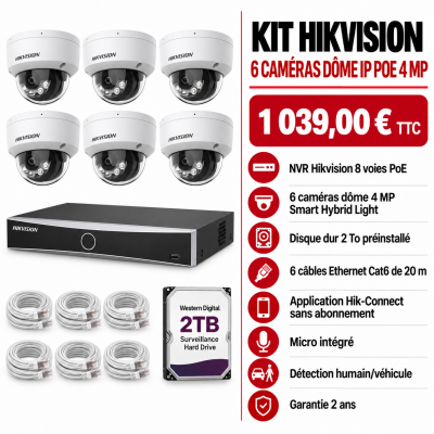 Kit Hikvision 6 caméras dôme 4MP PoE | Acromedia