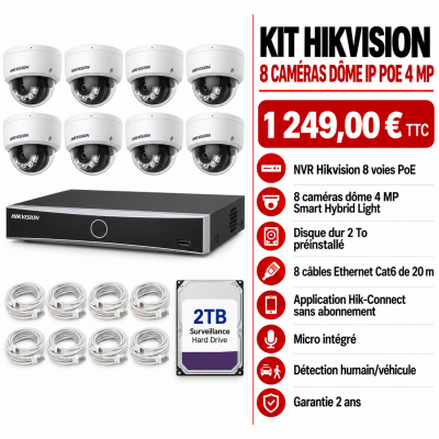 Kit Hikvision 8 caméras dôme 4MP PoE | Acromedia