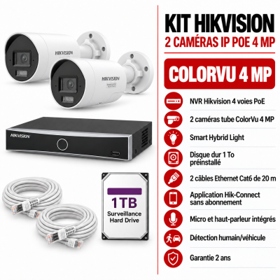 Kit Hikvision ColorVu 2 caméras tube IP PoE 4MP avec audio bidirectionnel