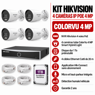 Kit Hikvision ColorVu 4 caméras tube IP PoE 4MP avec audio bidirectionnel