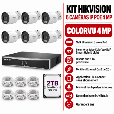 Kit Hikvision ColorVu 6 caméras tube IP PoE 4MP avec audio bidirectionnel