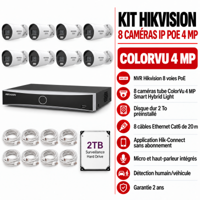 Kit Hikvision ColorVu 8 caméras tube IP PoE 4MP avec audio bidirectionnel