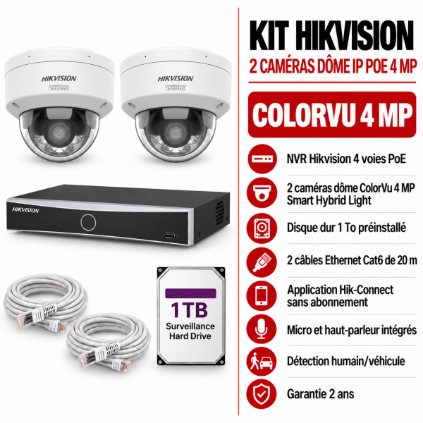 Kit Hikvision ColorVu 2 caméras dôme IP PoE 4MP audio