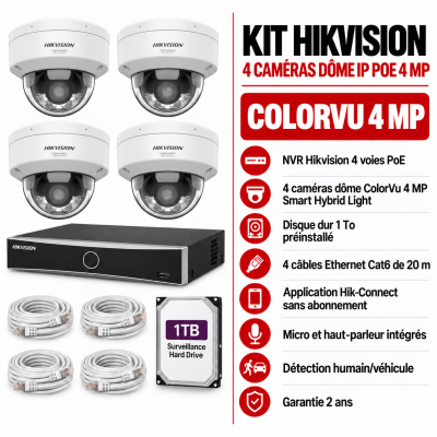 Kit Hikvision ColorVu 4 caméras dôme IP PoE 4MP avec audio bidirectionnel