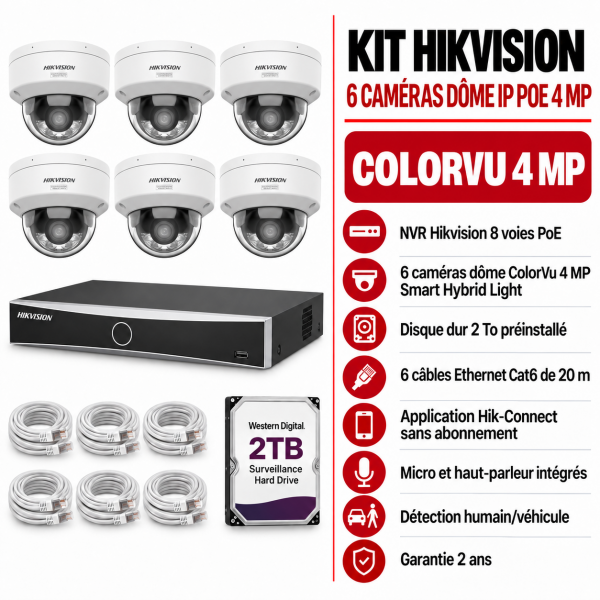 Kit Hikvision ColorVu 6 caméras dôme IP PoE 4MP audio