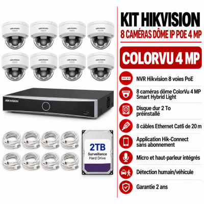 Kit Hikvision ColorVu 8 caméras dôme IP PoE 4MP avec audio bidirectionnel