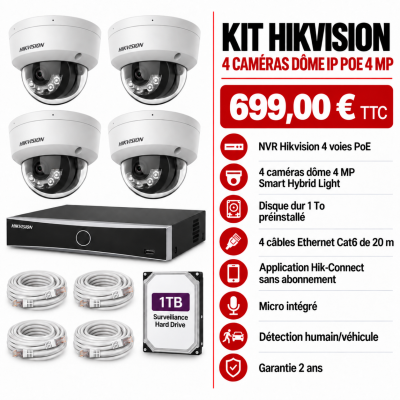 Kit Hikvision 4 caméras dôme 4MP PoE | Acromedia