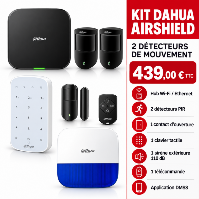 Kit alarme Dahua AirShield 2 détecteurs + sirène | Acromedia