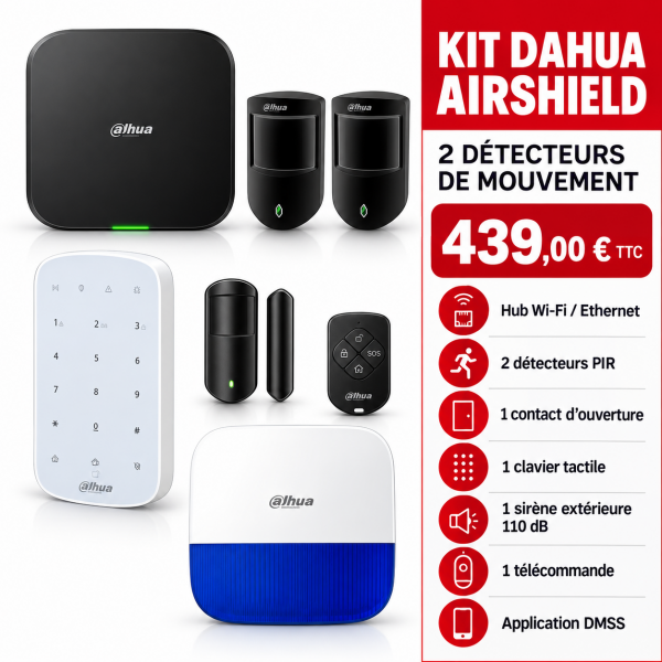 Kit alarme Dahua AirShield Wi-Fi avec 2 détecteurs, clavier et sirène