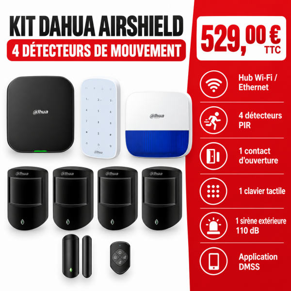 Kit alarme Dahua AirShield Wi-Fi avec 4 détecteurs, clavier et sirène