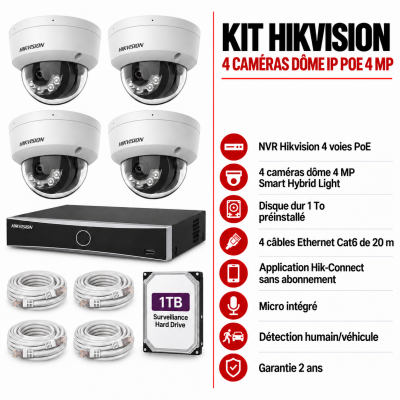 Kit Hikvision 4 caméras dôme 4MP PoE | Acromedia